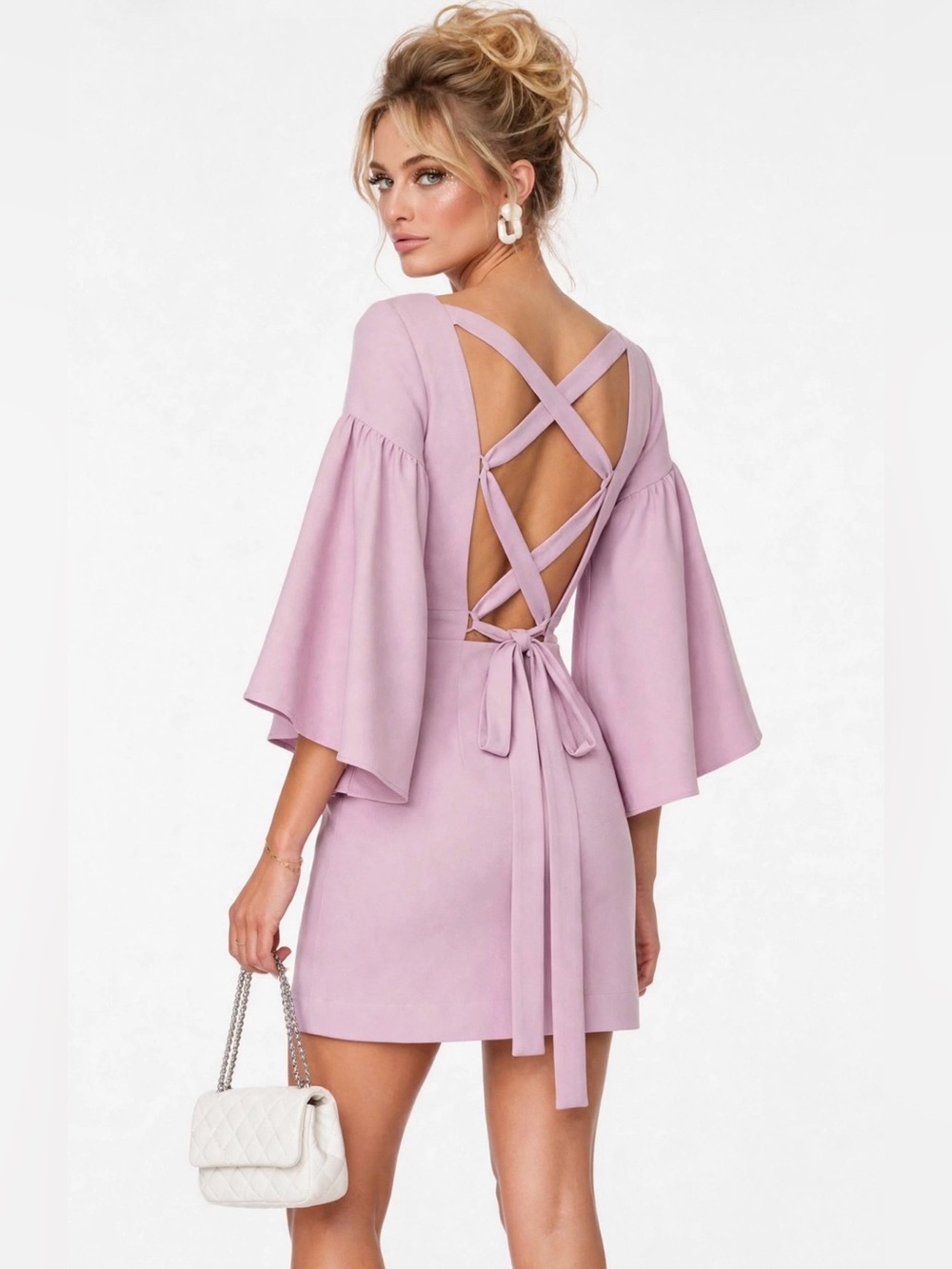 NWT MILLY Open Lace Up Back Rose Pink Bow Bell Sleeve Dress 0 XS / Wedding Party
